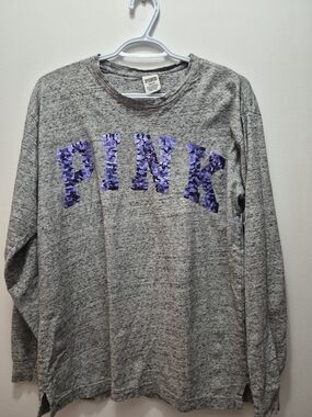PINK Victoria's Secret Gray Long-Sleeve Top with Purple Sequin Logo